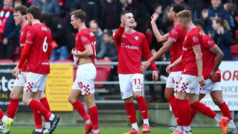 Bristol City players celebrate a goal at home