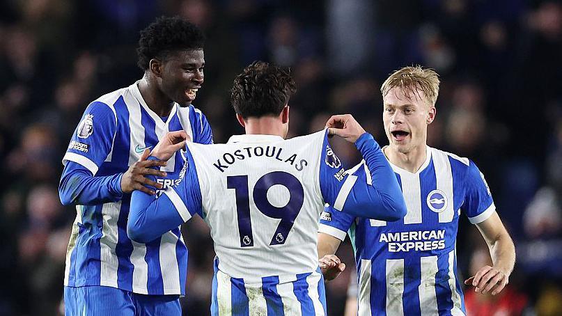 Charalampos Kostoulas celebrates after earning Brighton a point against Bournemouth