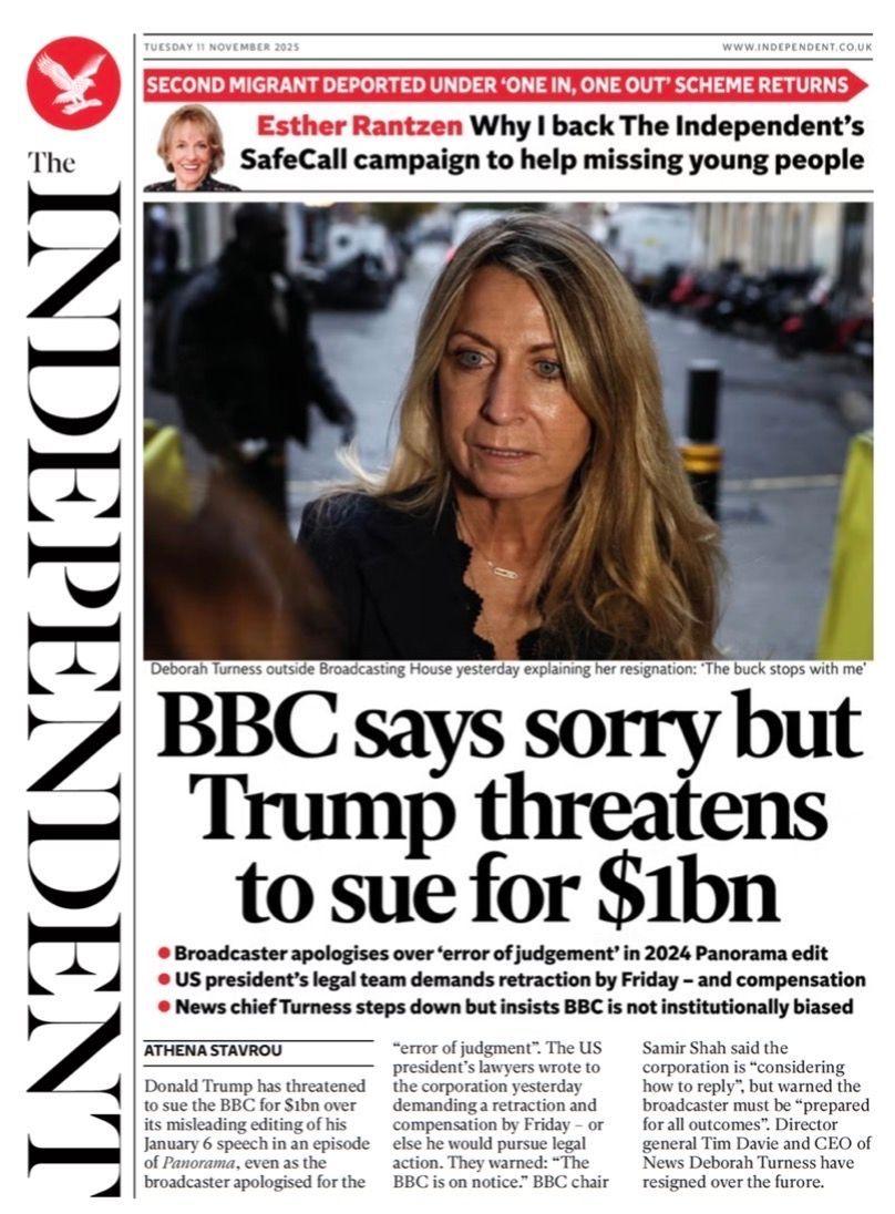 The headline on the front page of the Independent reads: "BBC says sorry but Trump threatens to sue for $1bn". 