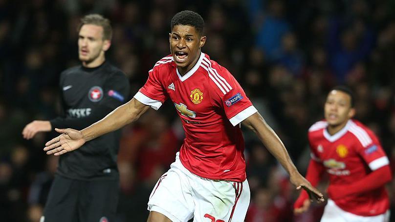 Rashford celebrates scoring on his senior Manchester United debut against FC Midtjylland in 2016