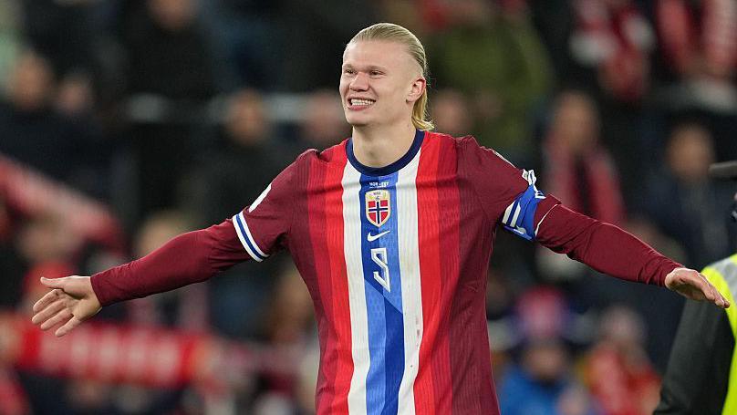 Erling Haaland celebrates a goal against Estonia