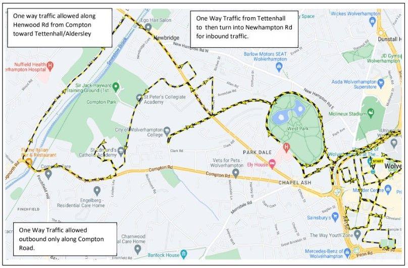 A map highlighting road closures in place for the half marathon