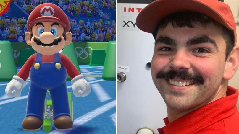 A video game image of the Super Mario character next to a picture of Ruben, with a bushy mustache red baseball cap and red shirt