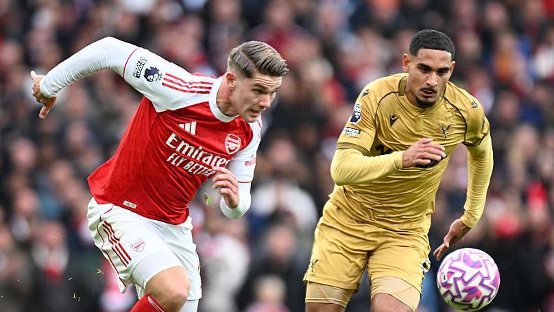  Viktor Gyokeres of Arsenal takes on Crystal Palace's Maxence Lacroix during their Premier League game in October