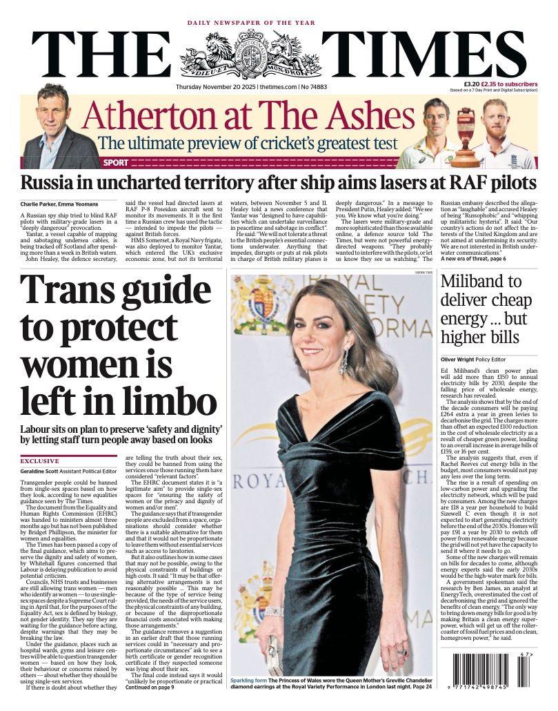 The headline on the front page of the Times reads: “Trans guide to protext women is left in limbo”.