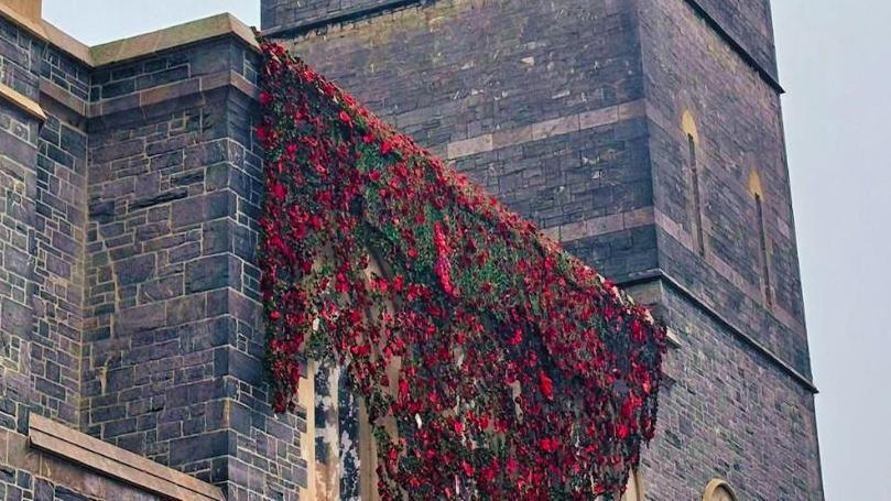 The poppy wave is placed over the side of Plymouth Guildhall. You can see the camouflaged net and poppies. 