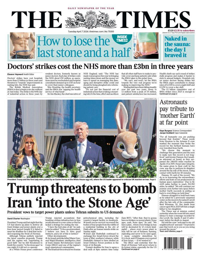 Titulli në faqen e parë të gazetës Times thotë: “Trump kërcënon ta bombardojë Iranin ‘deri në Epokën e Gurit’”.