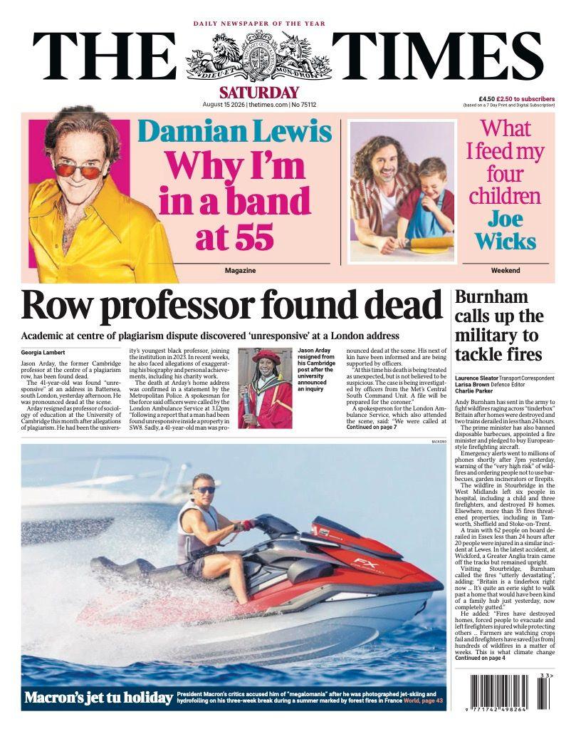 "Row professor found dead" reads the headline on the front page of the Times.