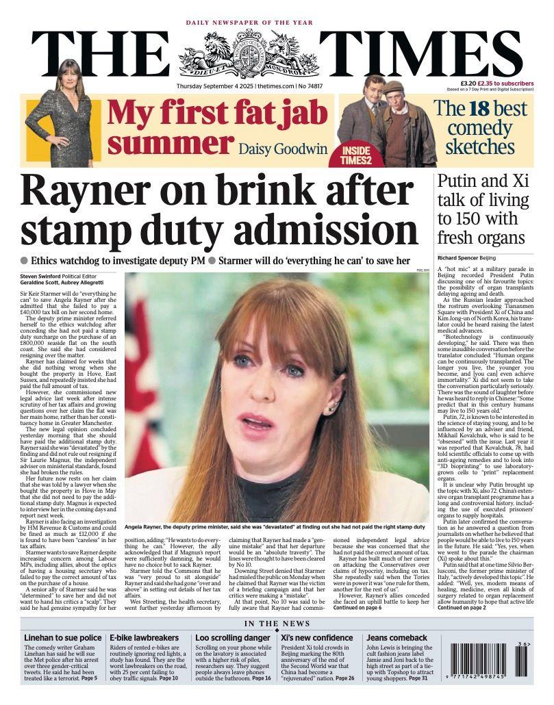 The headline on the front page of the Times reads: "Rayner on brink after stamp duty admission."