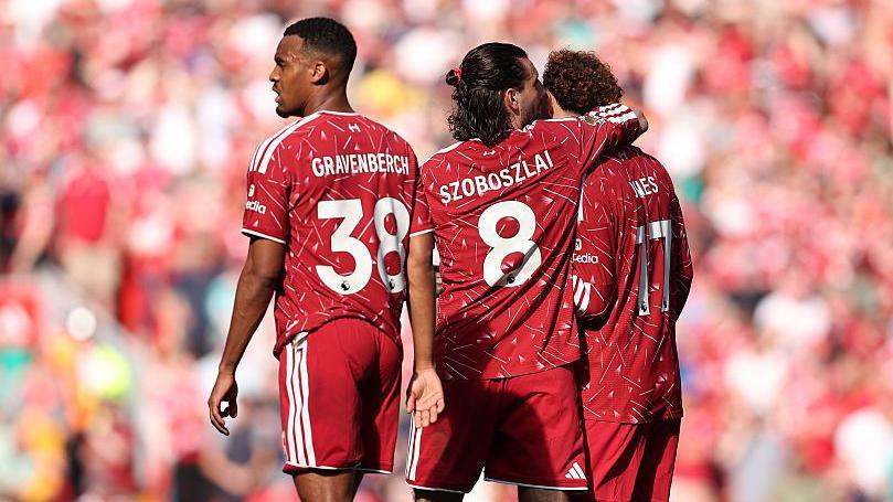Ryan Gravenberch, Dominik Szoboszlai and Curtis Jones celebrate