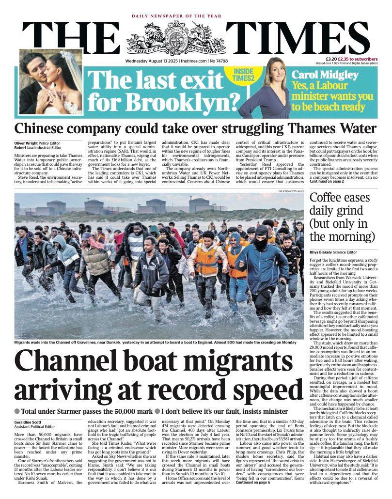 The headline on the front page of the Times reads: “Channel boat migrants arriving at record speed”