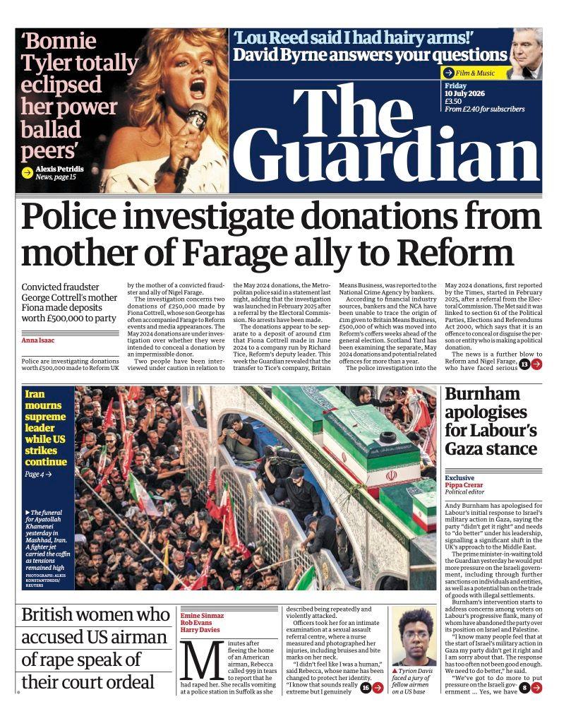 The headline on the front page of the Guardian reads: 'Police investigate donations from mother of Farage ally to Reform.'