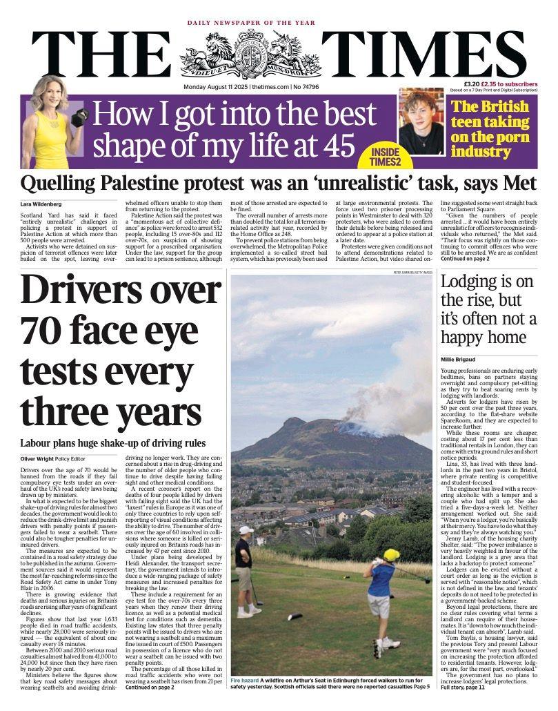 The headline on the front page of the Times reads: "Drivers over 70 face eye tests every three years".