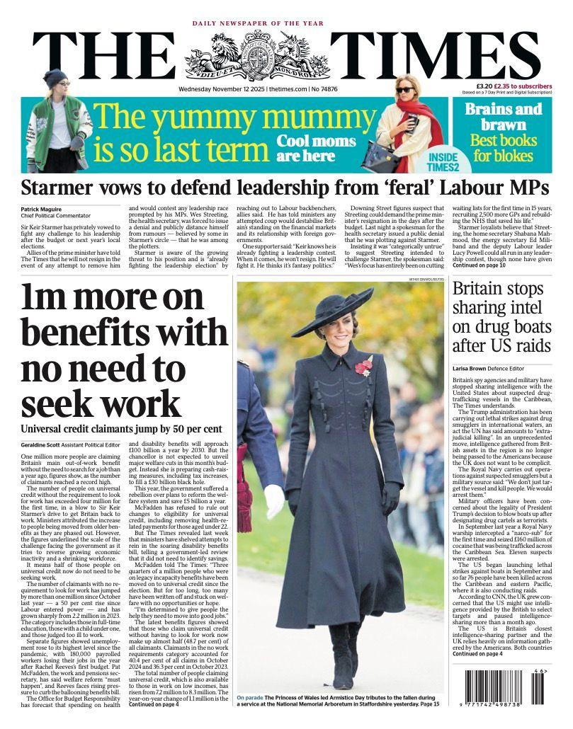 The headline on the front page of the Times reads: "1m more on benefits with no need to seek work".