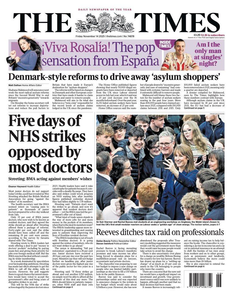 The headline on the front page of the Times reads: "Denmark-style reforms to drive away 'asylum shoppers'".