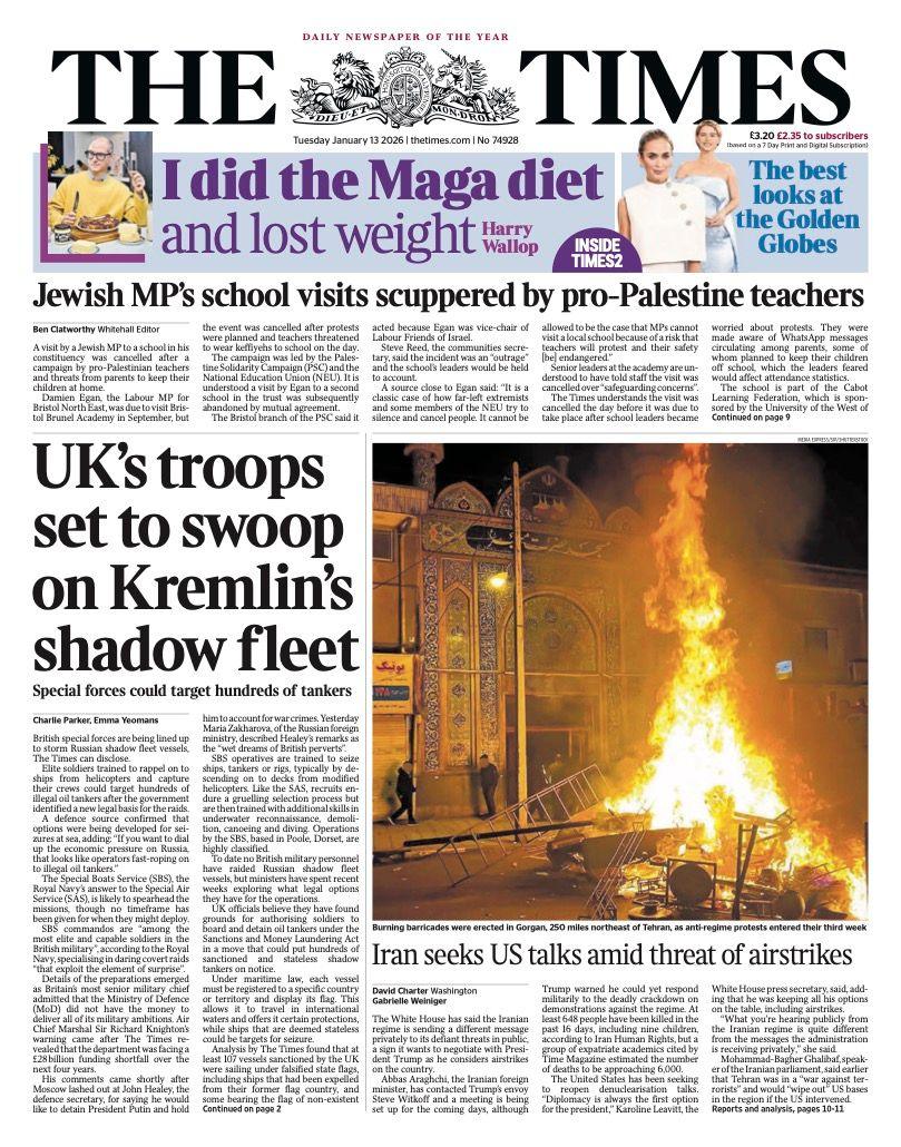 Titulli në faqen e parë të gazetës Times thotë: “Trupat e Mbretërisë së Bashkuar gati të sulmojnë flotën në hije të Kremlinit”.