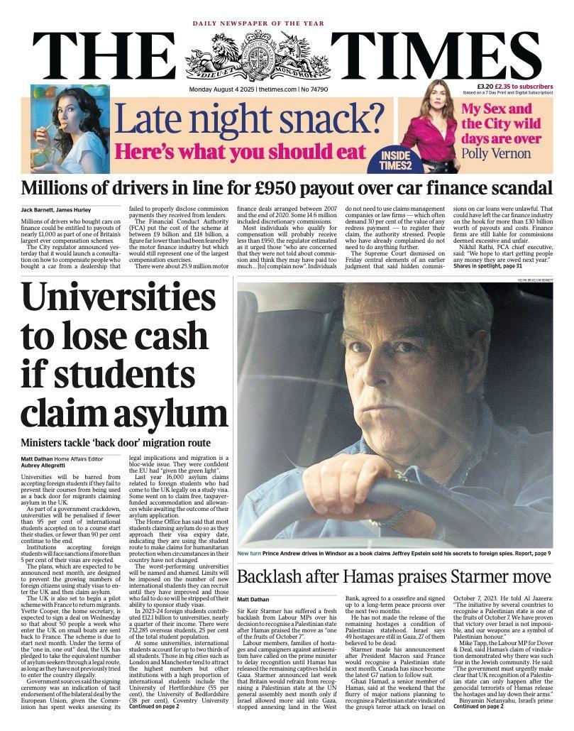 The Times headline reads "universities to lose cash if students claim asylum"