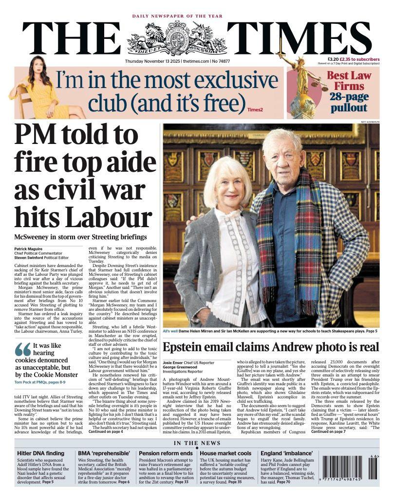 The headline on the front page of the Times: "PM told to fire top aide as civil war hits Labour".