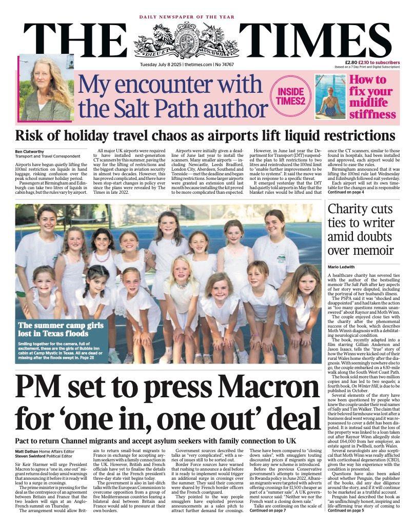"PM set to press Macron for 'one in, one out' deal," is the headline on the front page of the Times.