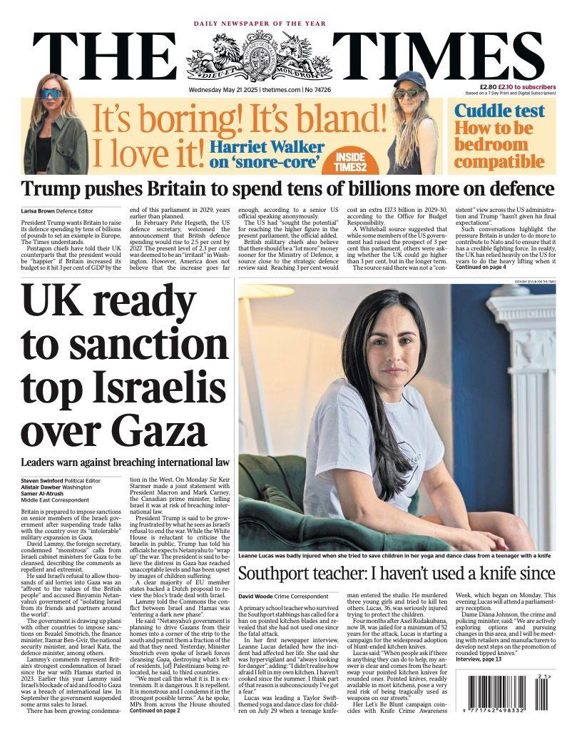 The headline of the front page of the Times reads: "UK ready to sanction top Israelis over Gaza".