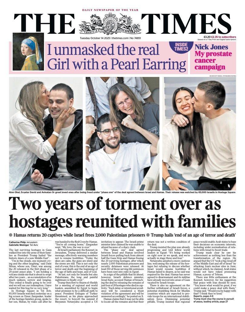 The headline on the front page of the Times reads: "Two years of torment over as hostages reunited with families".