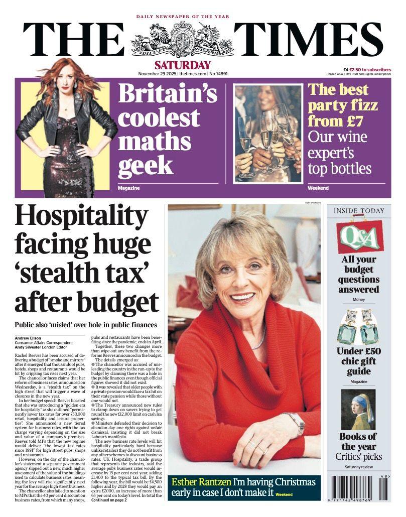 The headline on the front page of the Times reads: "Hospitality facing huge 'stealth tax' after budget".
