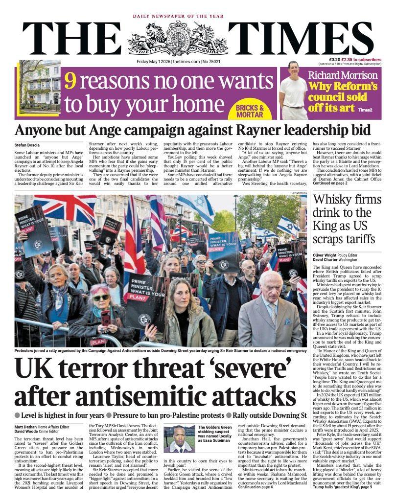 Titulli në faqen e parë të gazetës Times thotë: “Kërcënimi terrorist në Mbretërinë e Bashkuar është i rëndë pas sulmeve antisemite”.