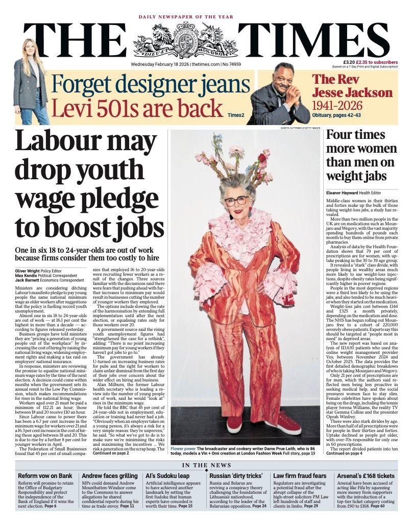 The front page of the Times reads: "Labour may drop youth wage pledge to boost jobs."