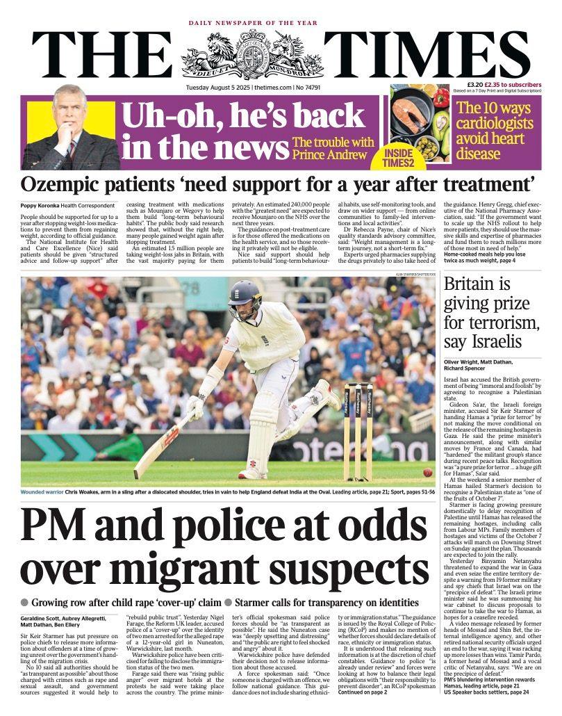 The headline on the front page of the Times reads: "PM and police at odds over migrant suspects"