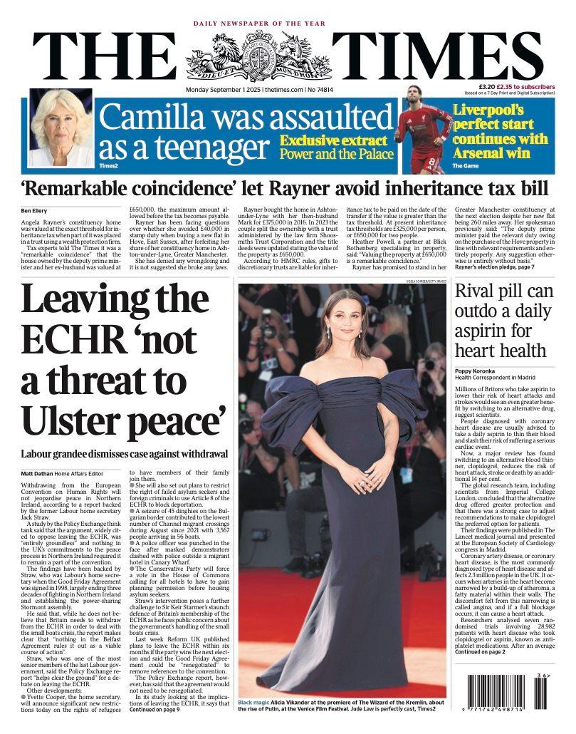 The headline on the front page of the Times reads: "Leaving ECHR 'not a threat to Ulster peace".