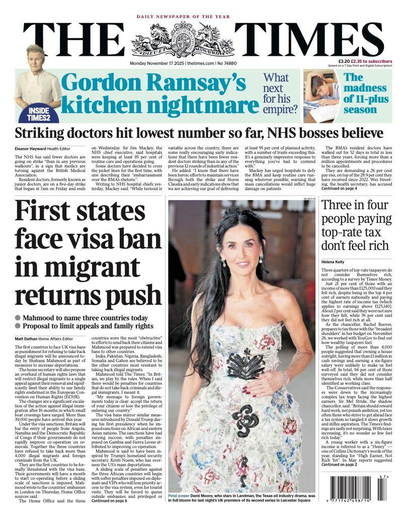 The headline on the front page of the Times reads: “First states face visa ban in migrant returns push”.