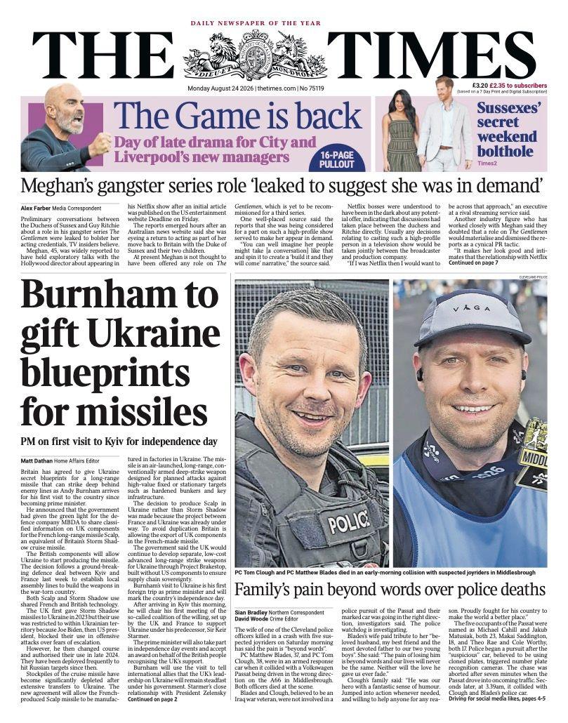 The headline on the front page of the Times reads: “Burnham to gift Ukraine blueprints for missiles”.