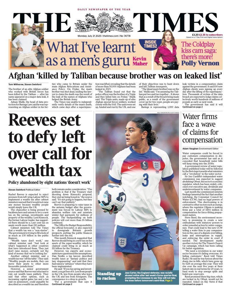 The headline on the front page of the Times reads: “Reeves set to defy left over call for wealth tax”