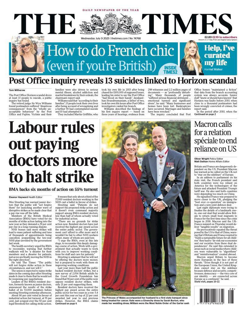 "Labour rules out paying doctors more to halt strike," is the headline on the front page of the Times