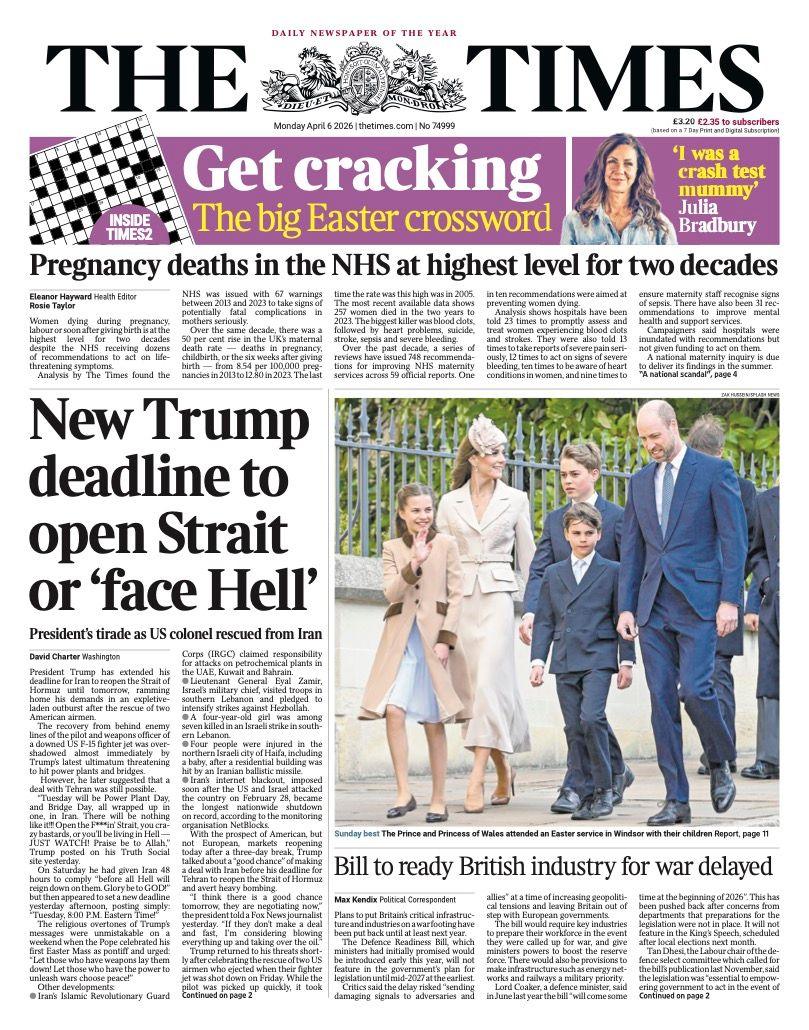 Titulli në faqen e parë të gazetës Times thotë: “Afati i ri i Trump për të hapur Ngushticën ose ‘përballuni me ferrin’”.