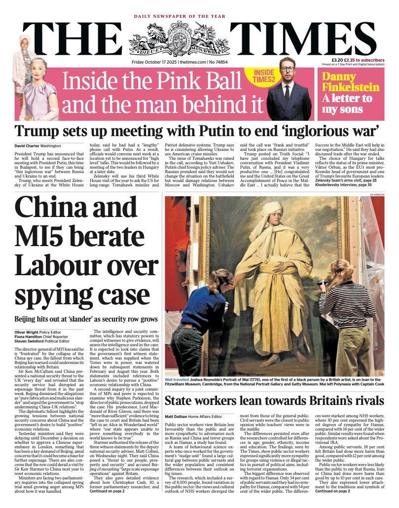 The headline on the front page of the Times reads: "China and MI5 berate Labour over spying case".