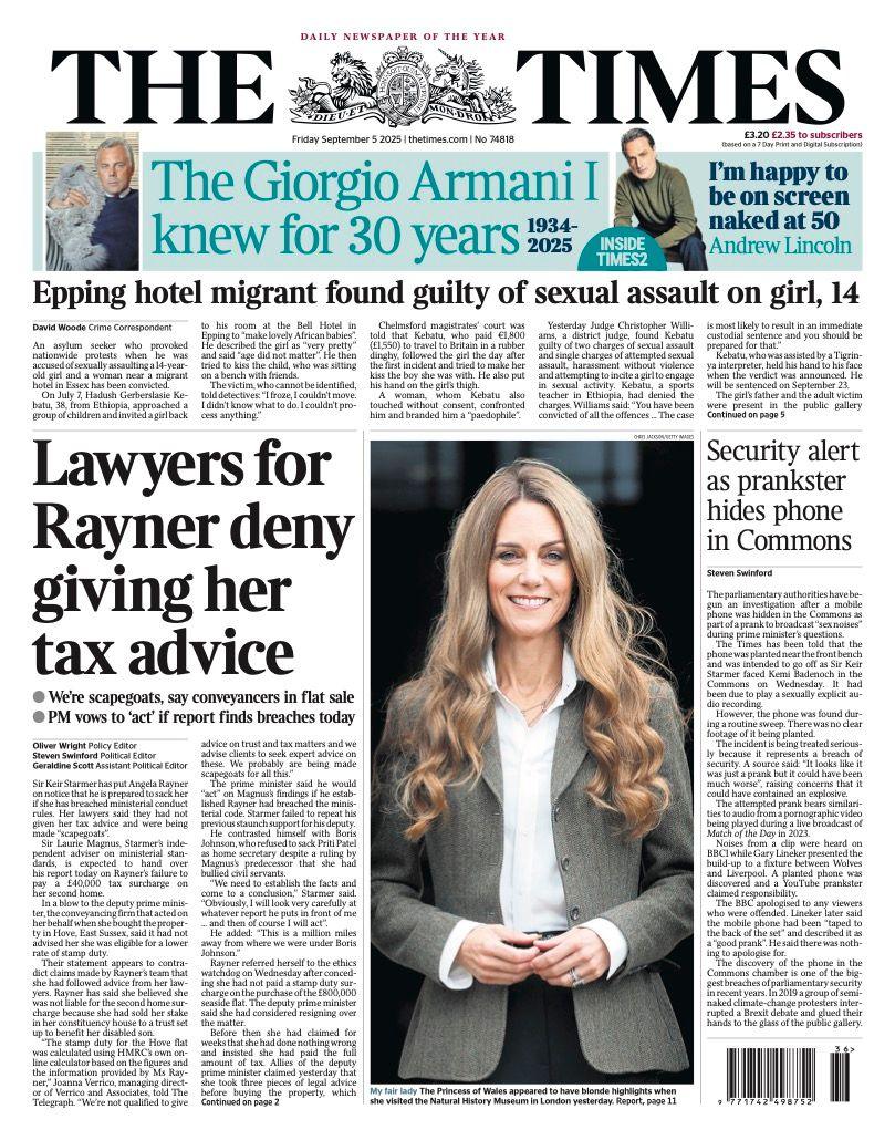 The headline on the front page of the Times reads: "Lawyers for Rayner deny giving her tax advice".