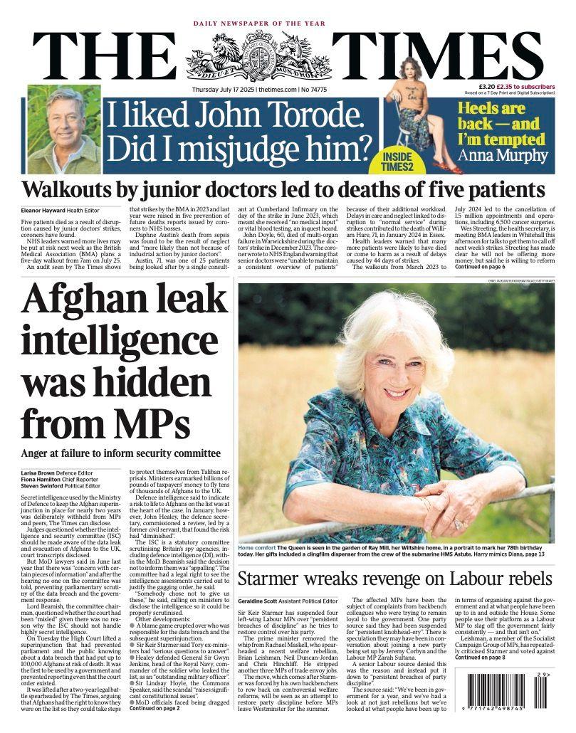The headline on the front page of the Times reads: "Afghan leak intelligence was hidden from MPs"