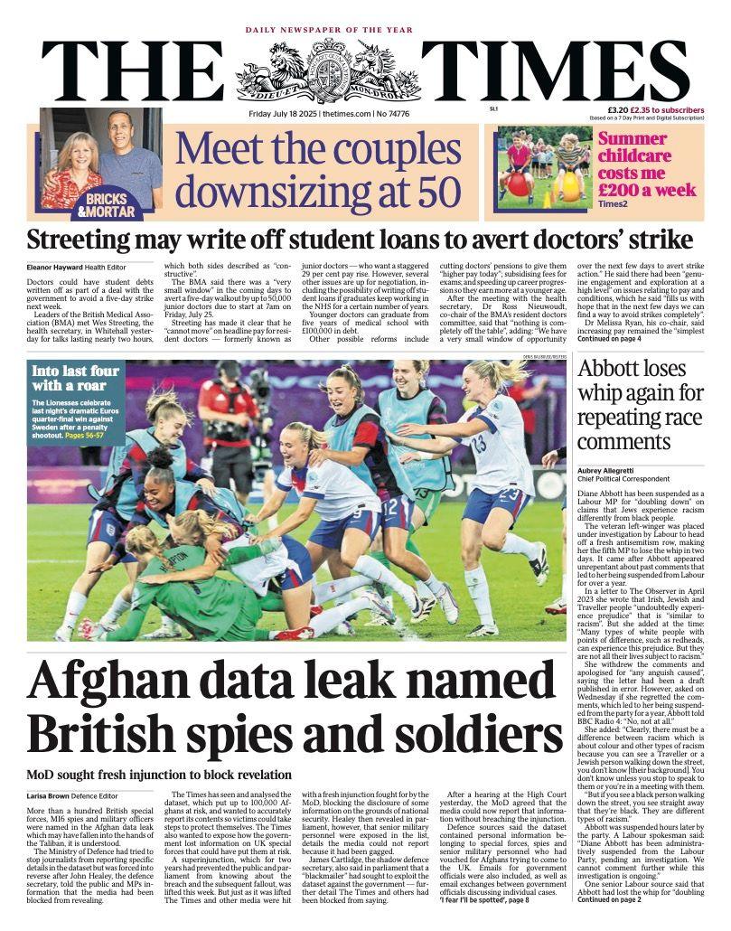 The headline on the front page of the Times reads: “Afghan data leak named British spies and soldiers”