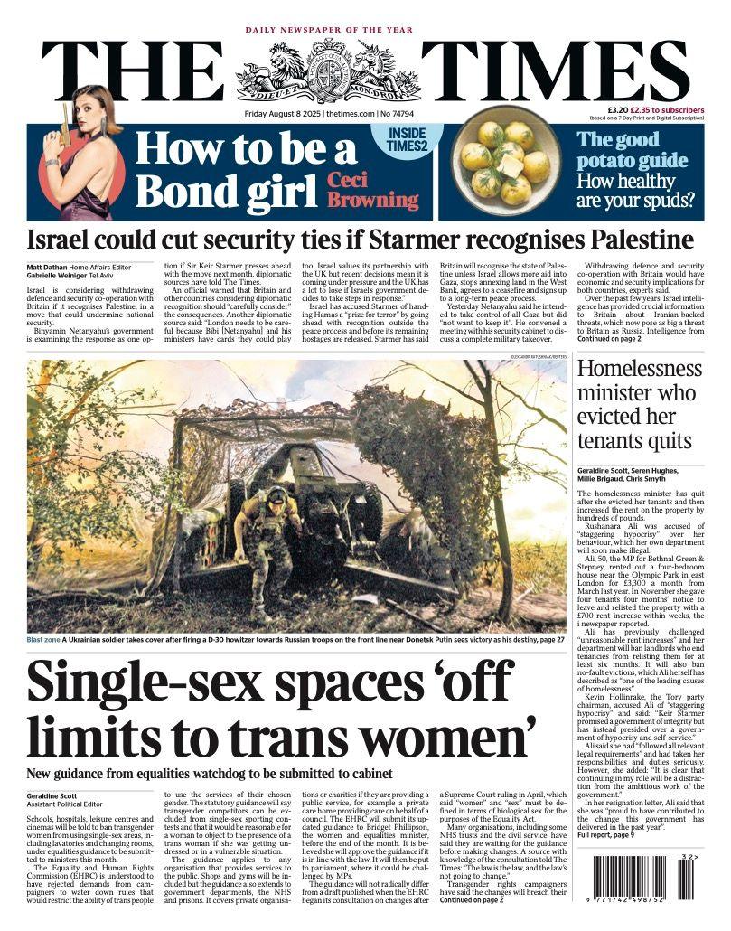 The headline on the front page of the Times reads: "Single-sex spaces 'off limits to trans women'"