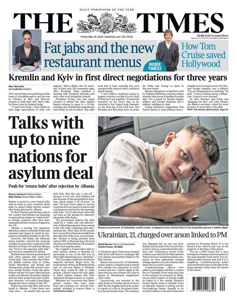 The headline on the front page of the Times reads: "Talks with up to nine nations for asylum deal".