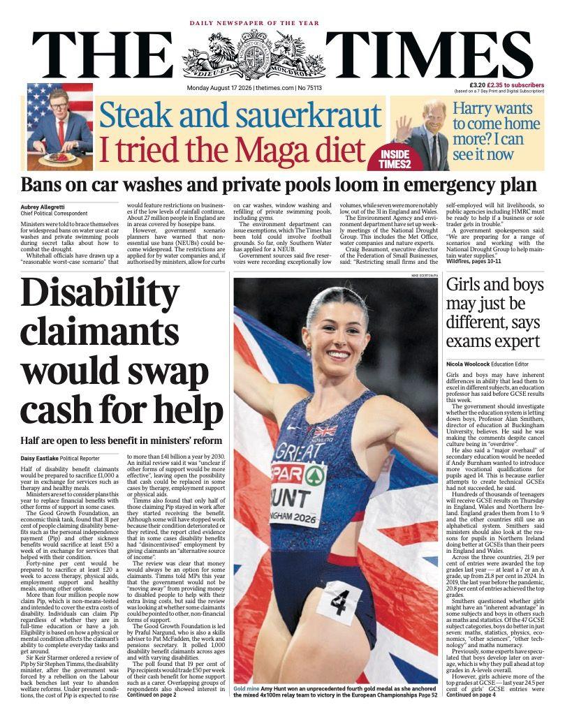 The headline on the front page of the Times reads: "Disability claimants would swap cash for help."