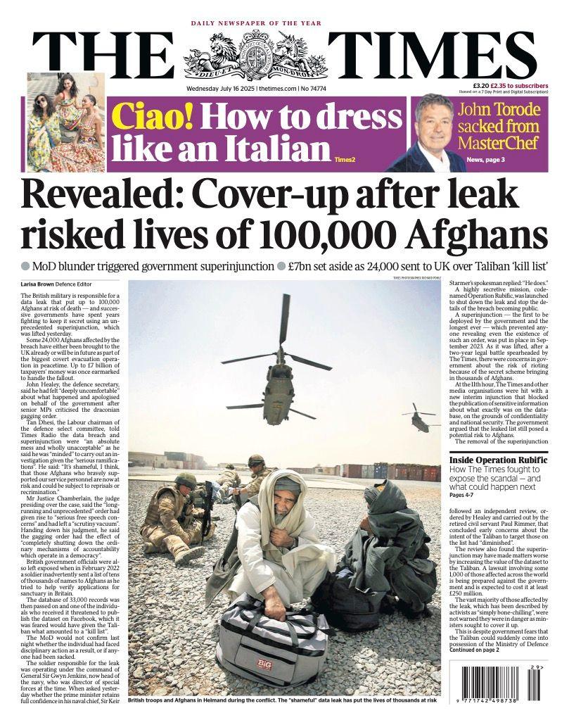 The headline on the front page of the Times reads: "Revealed: Cover-up after leak risked lives of 100,000 Afghans".