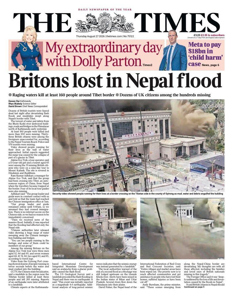The headline on the front page of the Times reads: "Britons lost in Nepal flood."