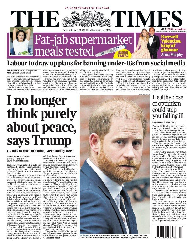 Titulli në faqen e parë të gazetës Times thotë: “Nuk mendoj më vetëm për paqen, thotë Trump.”