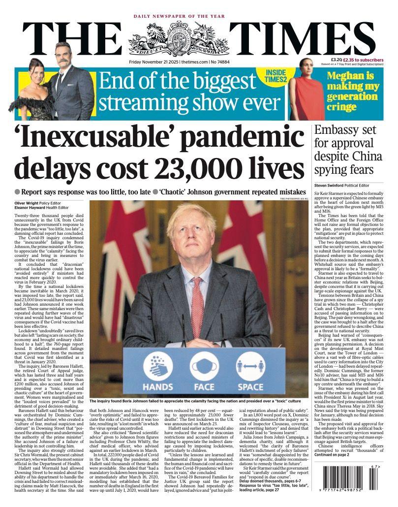 The headline on the front page of the Times reads: “'Inexcusable' pandemic delays cost 23,000 lives”.