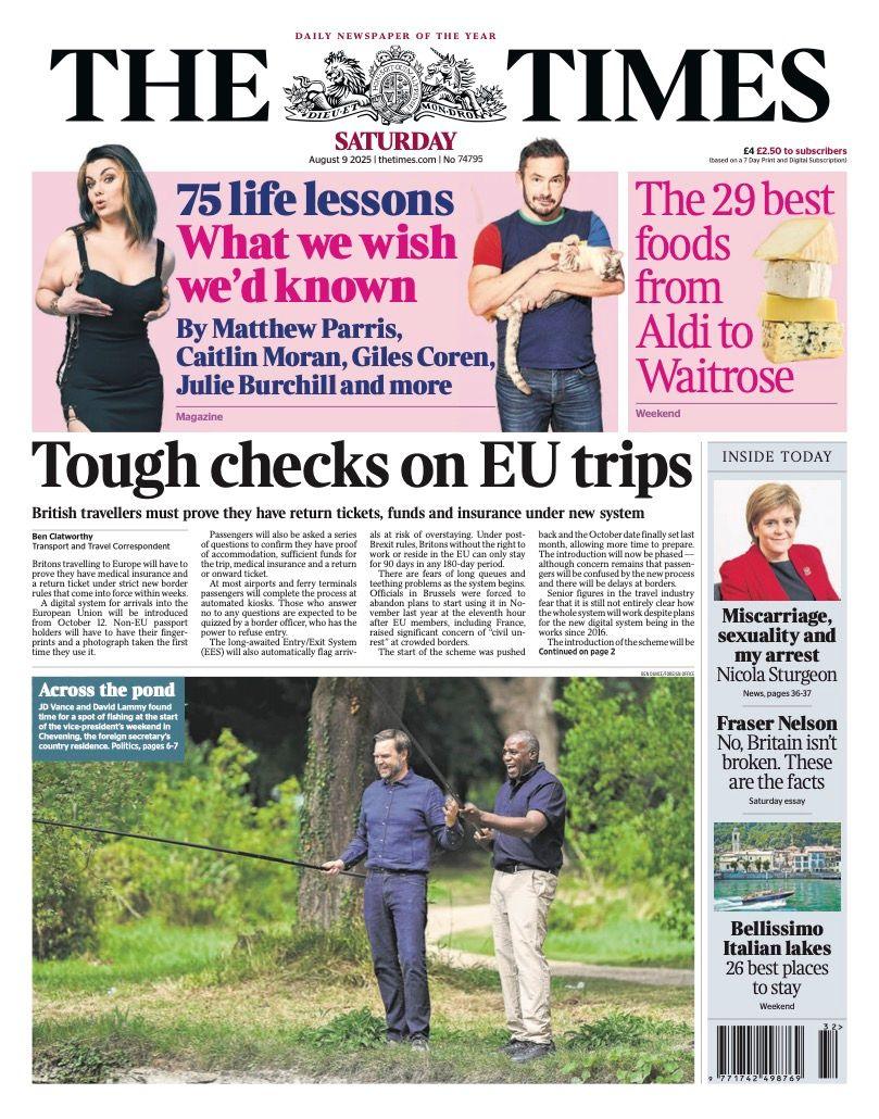 The headline on the front page of the Times reads: "Tough checks on EU trips".