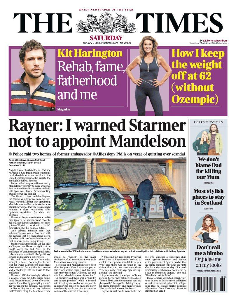 Titulli në faqen e parë të gazetës Times thotë: "Rayner: E paralajmërova Starmerin të mos e emëronte Mandelsonin."