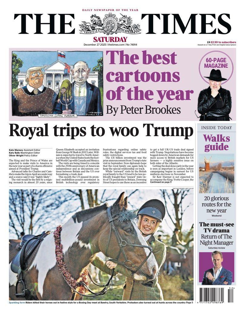 Titulli në faqen e parë të gazetës Times thotë: “Udhëtime mbretërore për të joshur Trumpin”.