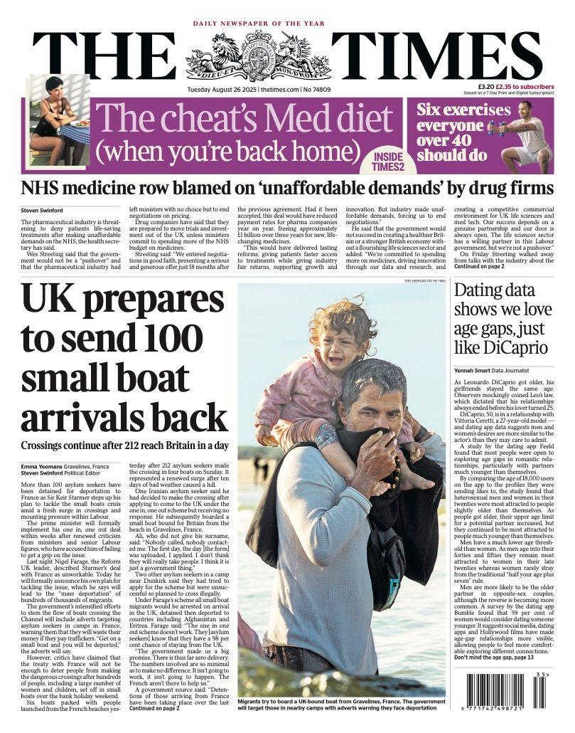 The headline on the front page of the Times reads: "UK prepares to send 100 small boat arrivals back".